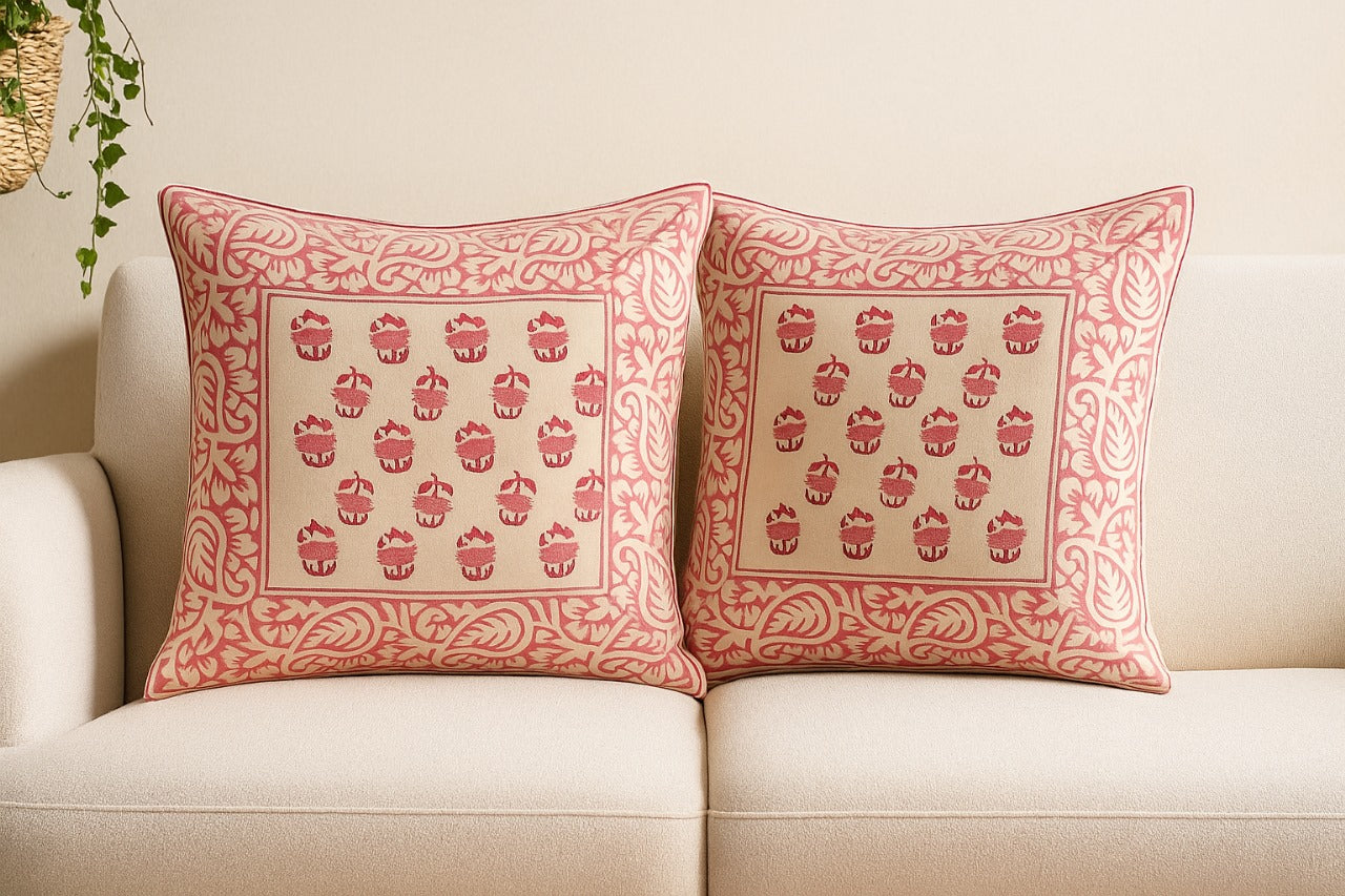 Pink Mughal Buti Cushion Cover