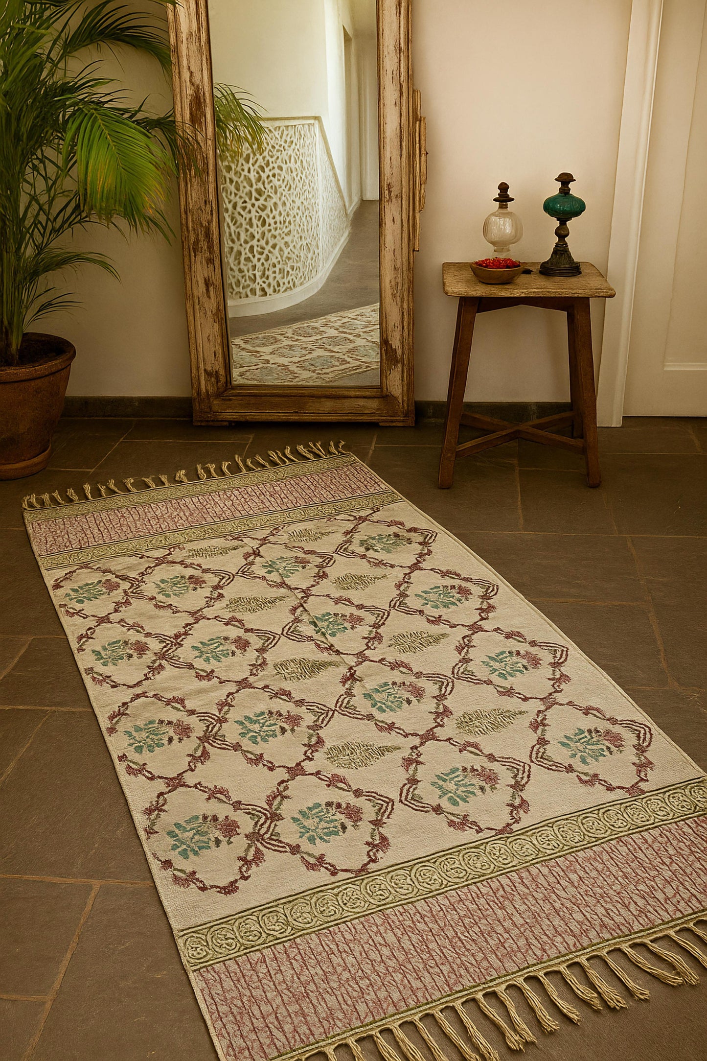 Jaali-style trellis patterned Hand Block printed Rugs