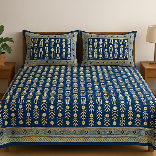 Indigo & Cream Abstract Floral Bedsheet Set