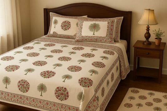 Cream & Red Palm Tree Block Print Bedsheet Set