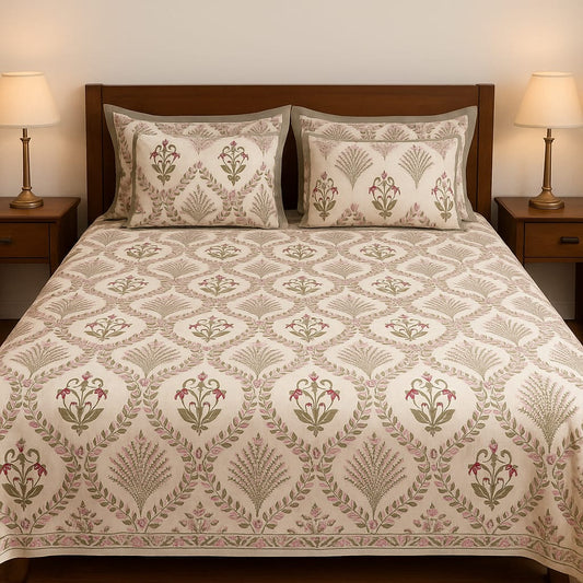 Ivory & Pink Mughal Floral Bedsheet Set
