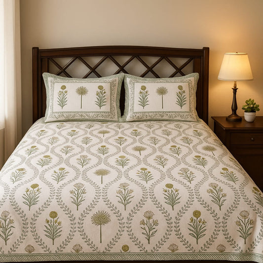 Beige & Olive Garden Bloom Bedsheet Set