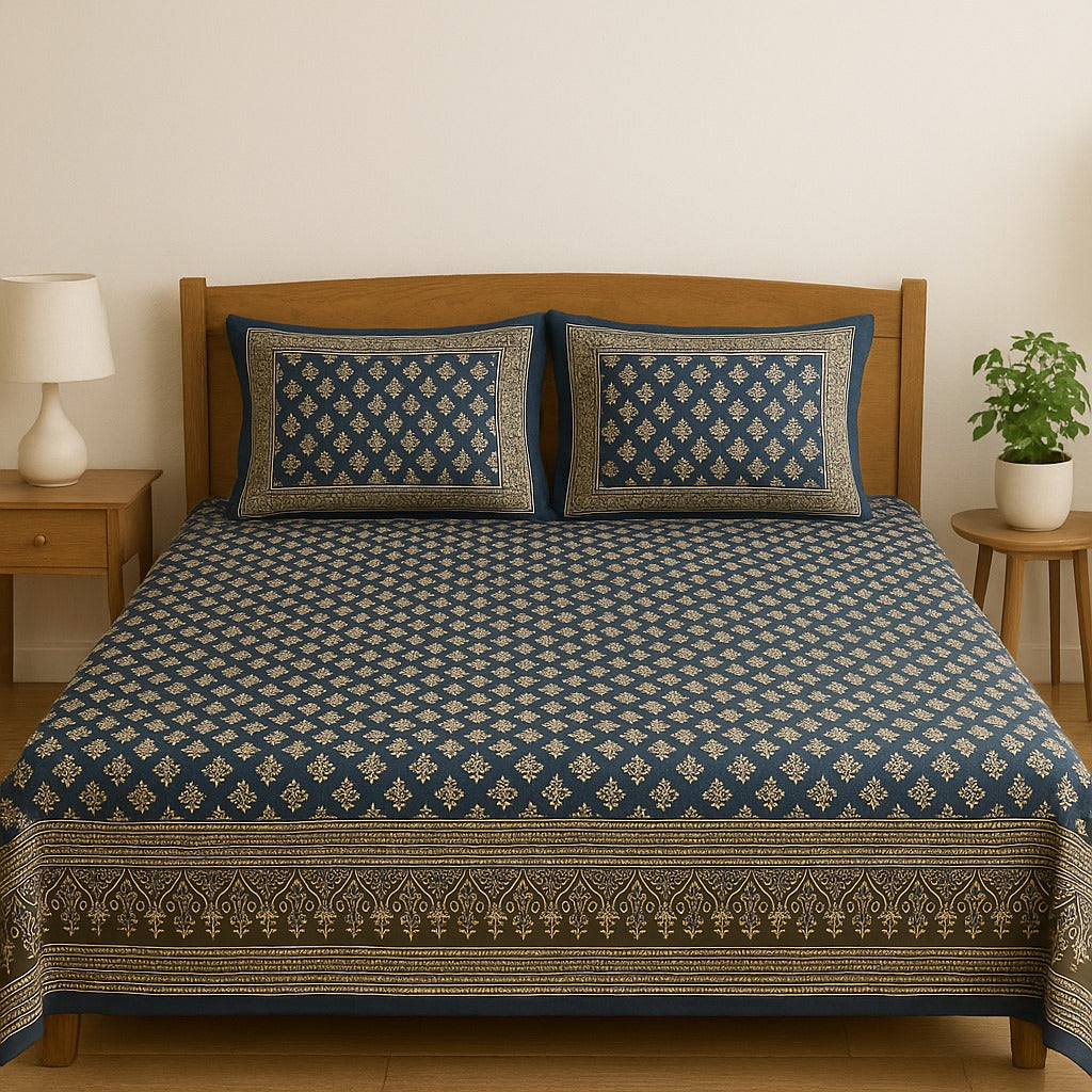 Navy Blue & Gold Jaipuri Motif Bedsheet Set