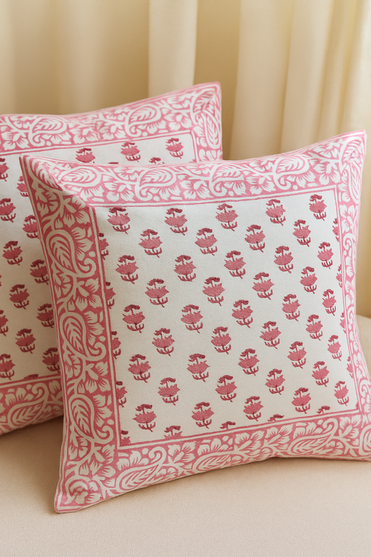 Pink Mughal Buti Cushion Cover