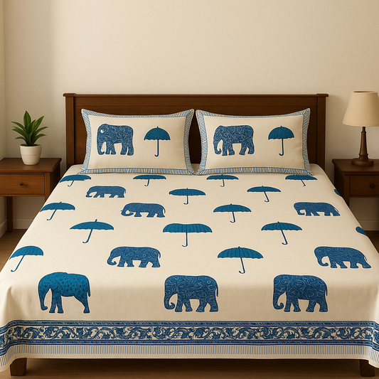 Blue Elephant & Umbrella Bedsheet Set