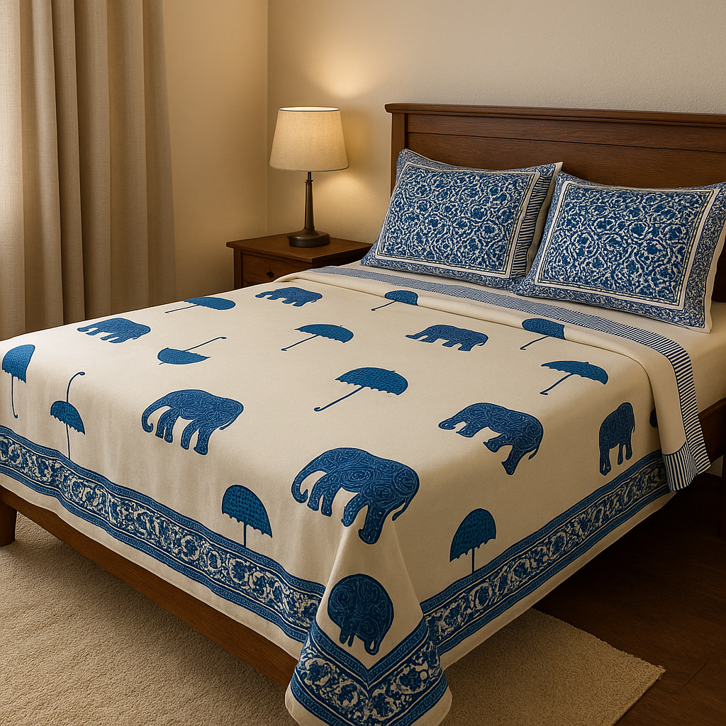 Blue Elephant & Umbrella Bedsheet Set