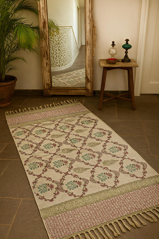 Jaali-style trellis patterned Hand Block printed Rugs